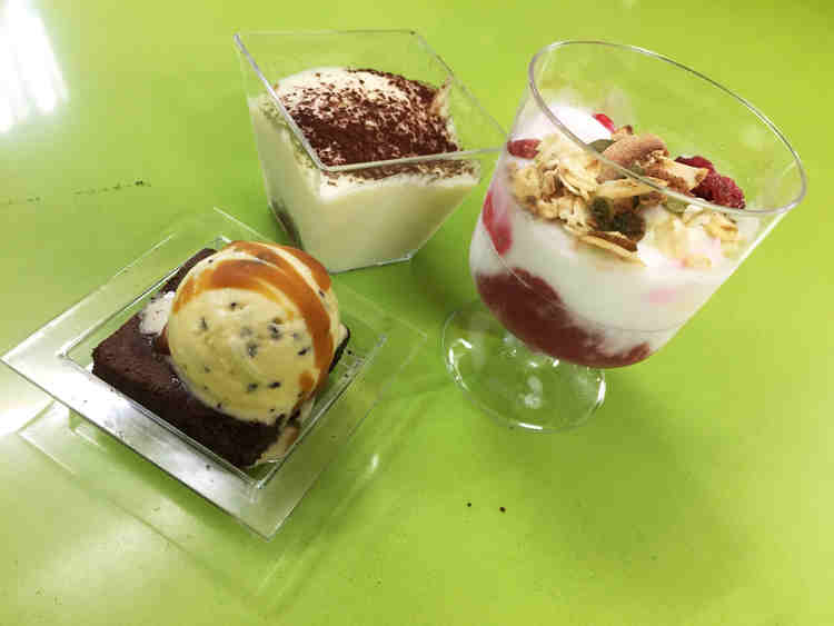 Three dessert options: tiramisu, parfait and brownies with ice cream